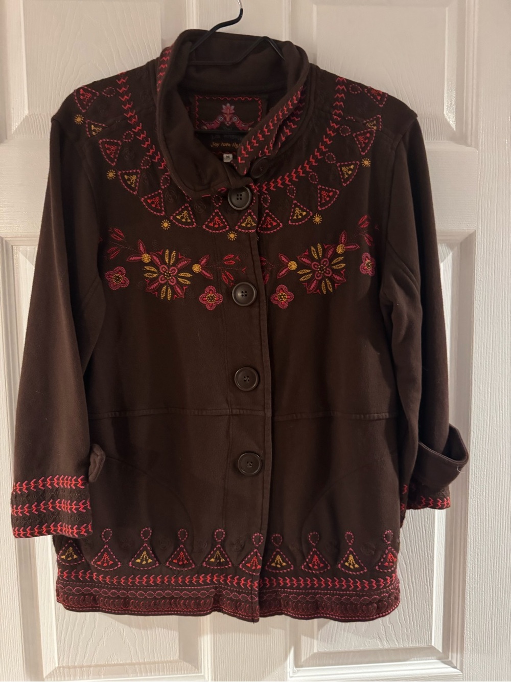 Johnny Was Brown Jacket with Pink & Yellow Embroidery